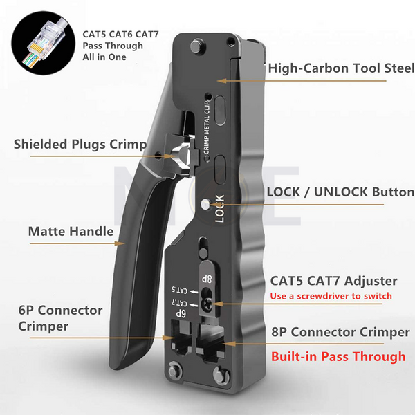 Orient Pass-Through Modular Crimping Tool 4P,6P,8P +Shield CAT5, CAT6, CAT7 RJ11 / RJ12 / RJ45 | MT-81099