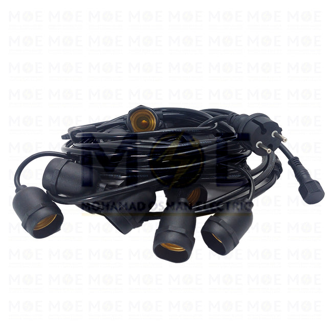 YGT String Light Black Waterproof Wire 10 LampHolder E27 10mt Extendable - حبل زينةكابل مع دوي مطري مع تطويلة