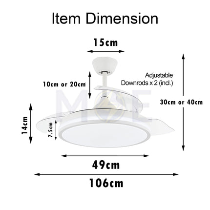 Lotus Plastic Blades Modern Ceiling Fan With LED & Remote Control White Daylight, Warmwhite, Coolwhite 48W 3 Retractable Blades 42inch | JC-18224 CCT