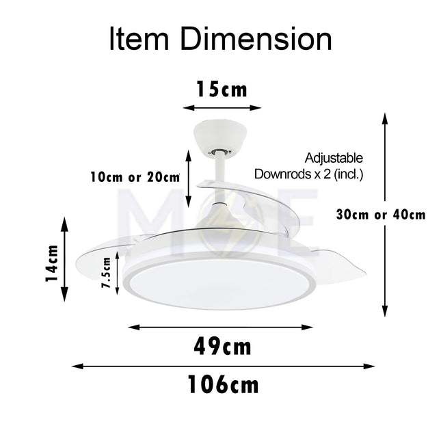 Lotus Plastic Blades Modern Ceiling Fan With LED & Remote Control White Daylight, Warmwhite, Coolwhite 48W 3 Retractable Blades 42inch | JC-18224 CCT