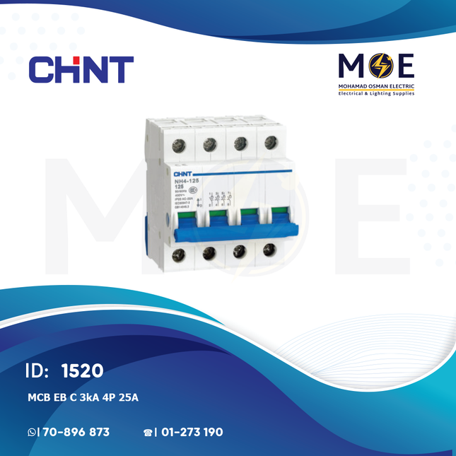 Chint MCB EB C 3kA 4P 25A | 135326 | دجنتور كهرباء ثلاثة فاز مع نتر - قاطع كهربائي رباعي
