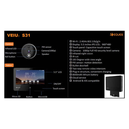 Eques Wireless Smart Video Doorbell Veiu Pro S31 Digital Peephole/ Door Viewer with 5.5 inch display and 2MP Full HD camera | EQS-S31