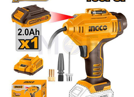 INGCO Cordless Auto Air Compressor with 1pcs 2Ah Li-ion Battery, 1pc Charger 20V | CACLI20181 كومبرسور هواء بطارية ليثيوم مع شارج وبطارية