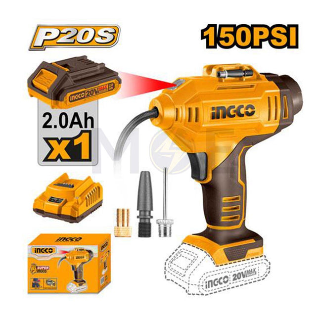 INGCO Cordless Auto Air Compressor with 1pcs 2Ah Li-ion Battery, 1pc Charger 20V | CACLI20181 كومبرسور هواء بطارية ليثيوم مع شارج وبطارية