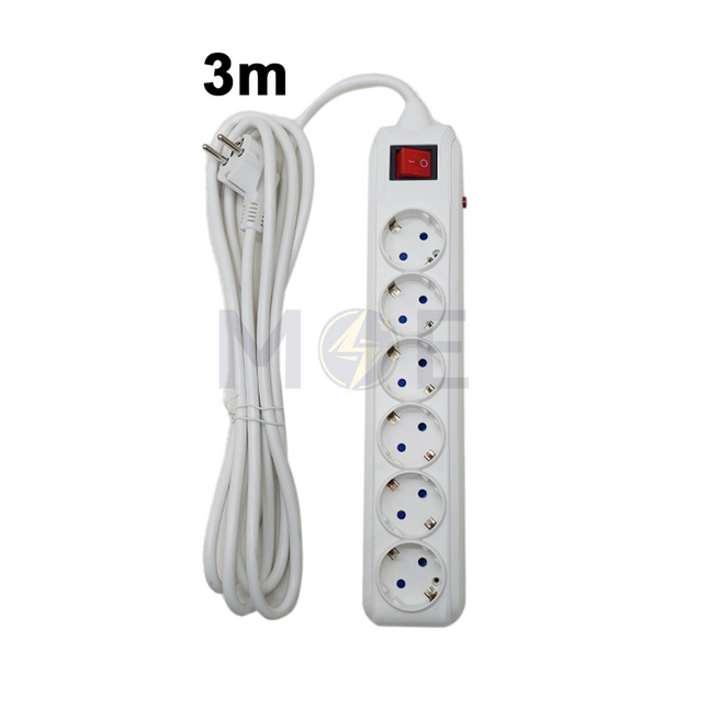SEG Multiple Socket With Wire (3x1.5mm) White 3500W 16A +Schuko plug+Earth+Switch 6Sock. 3mt | SECZ-DX602KG كادر بريز مسدس شوكو مع شريط ومفتاح