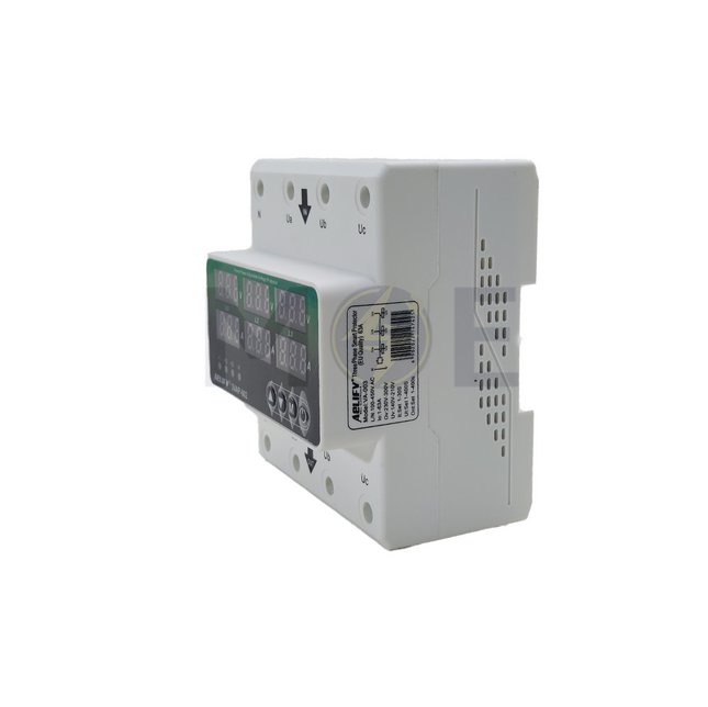 Aelifv Adjustable Voltage Protector / Over-Under Voltage - Current Protection Din 3P+N V:1s-400s A:1s-30s 140-300VAC 1-63A 5Mod. | 3VAP-003 حماية امبير و فولت على سكة ثلاثة فاز مع نتر
