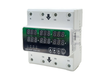 Aelifv Adjustable Voltage Protector / Over-Under Voltage - Current Protection Din 3P+N V:1s-400s A:1s-30s 140-300VAC 1-63A 5Mod. | 3VAP-003 حماية امبير و فولت على سكة ثلاثة فاز مع نتر