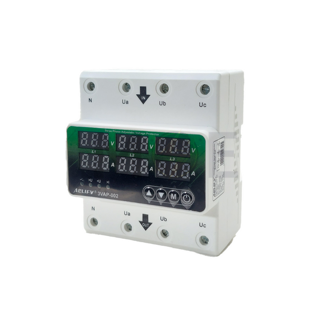 Aelifv Adjustable Voltage Protector / Over-Under Voltage - Current Protection Din 3P+N V:1s-400s A:1s-30s 140-300VAC 1-63A 5Mod. | 3VAP-003 حماية امبير و فولت على سكة ثلاثة فاز مع نتر
