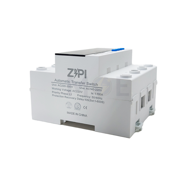 Zipi Modular Changeover switch / Dual Power Automatic Transfer Switch ATS with Priority Phase + Adjustable Voltage - Current Protector 5mod. 1P+N 100A  هاوس اوتوماتيك مجوز مع حماية امبير و فولت على سكة واحد فاز مع نتر