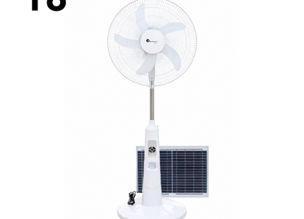 Felicity Solar Rechargeable Stand Fan with Remote, 4 LED Lights, Timer & USB Port White Stepless Speed 40W 18inch + 26W Solar Panel | FRF-2185 SR مروحة عامود تشريج طاقة شمسية مع ضوء لد خمس فراشات ابيض
