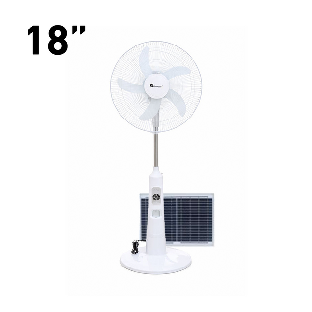 Felicity Solar Rechargeable Stand Fan with Remote, 4 LED Lights, Timer & USB Port White Stepless Speed 40W 18inch + 26W Solar Panel | FRF-2185 SR مروحة عامود تشريج طاقة شمسية مع ضوء لد خمس فراشات ابيض