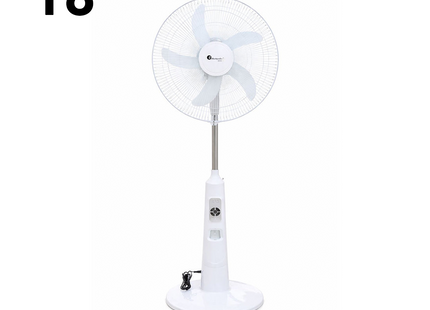 Felicity Solar Rechargeable Stand Fan with Remote, 4 LED Lights, Timer & USB Port White Stepless Speed 40W 18inch + 26W Solar Panel | FRF-2185 SR مروحة عامود تشريج طاقة شمسية مع ضوء لد خمس فراشات ابيض