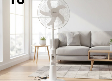 Felicity Solar Rechargeable Stand Fan with Remote, 4 LED Lights, Timer & USB Port White Stepless Speed 40W 18inch + 26W Solar Panel | FRF-2185 SR مروحة عامود تشريج طاقة شمسية مع ضوء لد خمس فراشات ابيض
