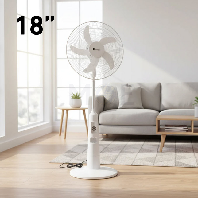 Felicity Solar Rechargeable Stand Fan with Remote, 4 LED Lights, Timer & USB Port White Stepless Speed 40W 18inch + 26W Solar Panel | FRF-2185 SR مروحة عامود تشريج طاقة شمسية مع ضوء لد خمس فراشات ابيض