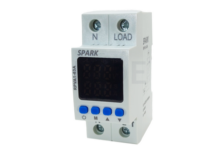 Spark Adjustable Voltage Protector /Over-Under Voltage - Current Protection Din 1P+N 50-450VAC 63A 2Mod. | RPVA1 حماية امبير و فولت على سكة