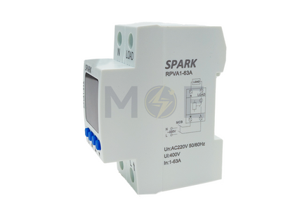 Spark Adjustable Voltage Protector /Over-Under Voltage - Current Protection Din 1P+N 50-450VAC 63A 2Mod. | RPVA1 حماية امبير و فولت على سكة