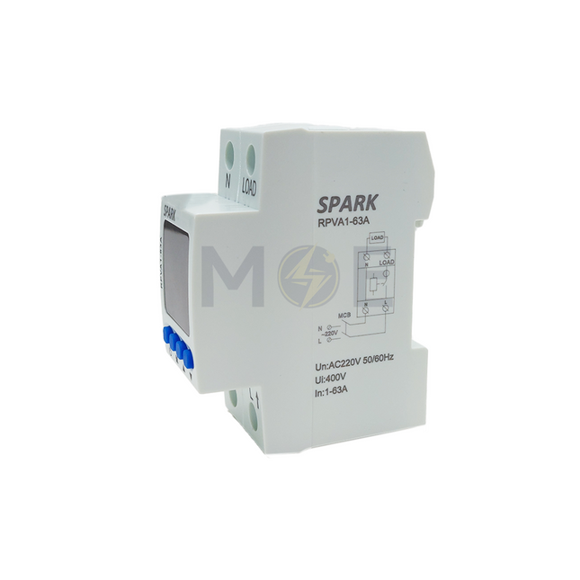 Spark Adjustable Voltage Protector /Over-Under Voltage - Current Protection Din 1P+N 50-450VAC 63A 2Mod. | RPVA1 حماية امبير و فولت على سكة