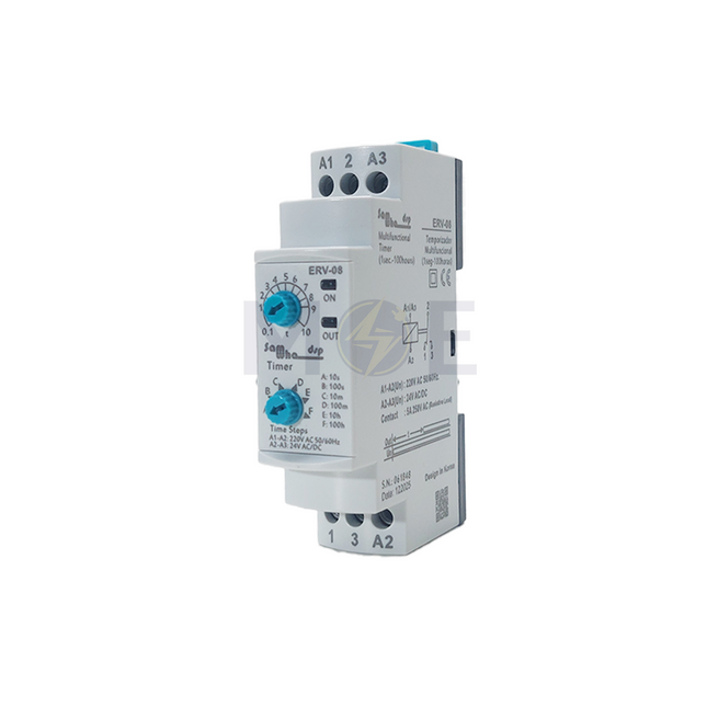 SAM Multi Function Timer Relay Adjustable Din Rail 5A 220V AC 24V AC/DC 1sec. – 100 hours 1Mod. | ERV-08 تايمر سكة متعدد الاوقات
