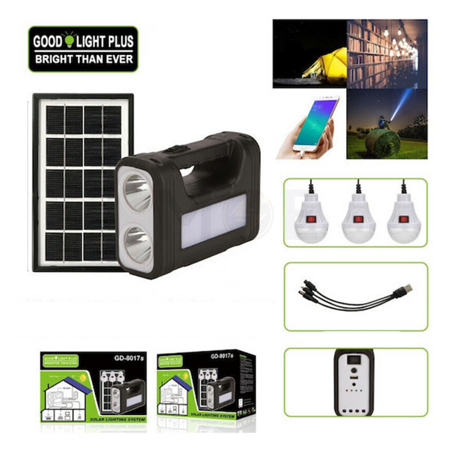 GDPlus Portable Solar Lighting System 6V 4.5Ah with 3 LED Lamps, Dual Torch & USB  GD-8017 بلاطة و انتريك لد تشريج طاقة شمسية مع لوحة و لمبة عدد 3 دايلايت