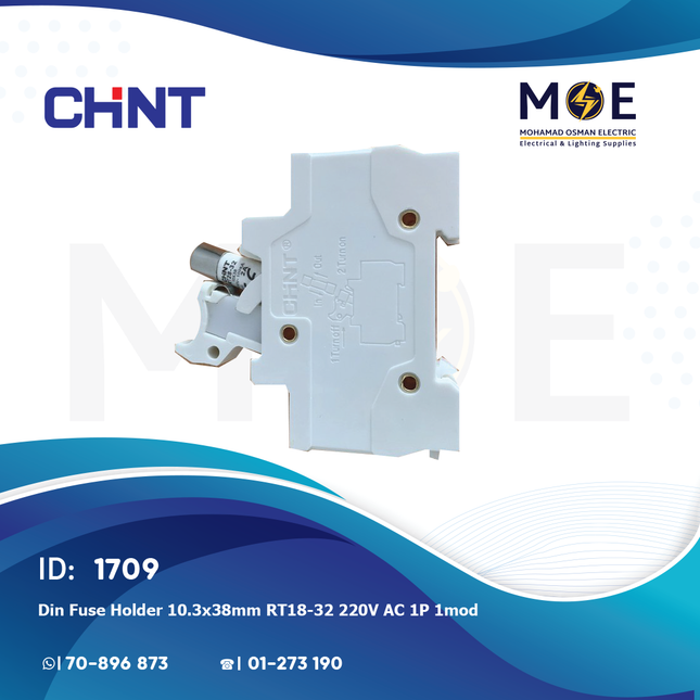 Chint Din Fuse Holder 10.3x38mm RT18-32 220VAC 1P 1module | T70001 | دجنتور بيت فيوز مفرد - حامل فيوز على سكة دين - قاعدة فيوز