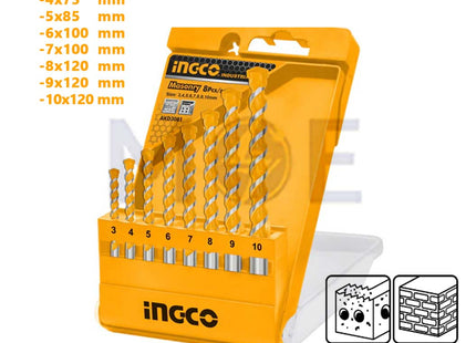 INGCO Industrial Concrete Drill Bits Set 8Pcs (3mm,4mm,5mm,6mm,7mm,8mm,9mm,10mm) | AKD3081