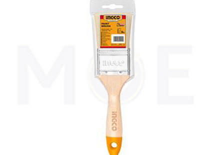 Paint brush with orange handle and white bristles in packaging on a white background