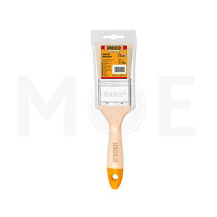 Paint brush with orange handle and white bristles in packaging on a white background
