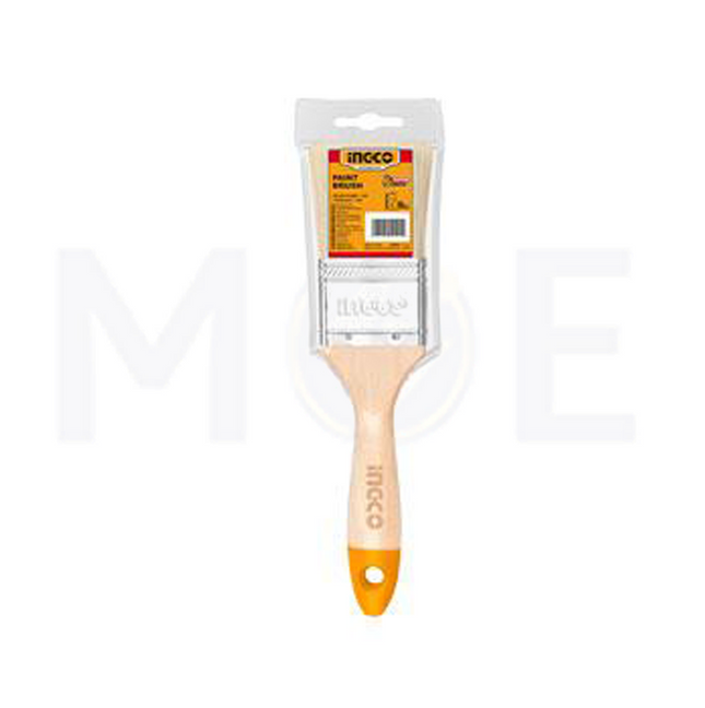 Paint brush with orange handle and white bristles in packaging on a white background