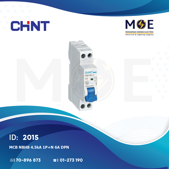 Chint MCB NBH8 4.5kA 1P+N 6A DPN | 132115-190234 | دجنتور مجوز بقطبين وحيادي - قاطع كهربائي ثنائي القطب مع حيادي