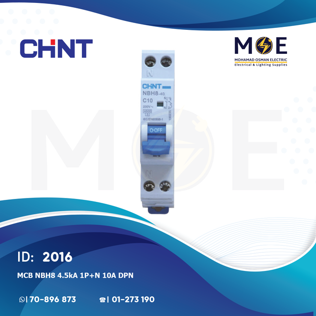 Chint MCB NBH8 4.5kA 1P+N 10A DPN | 132116-190235 | دجنتور مجوز بقطبين وحيادي - قاطع كهربائي ثنائي القطب مع حيادي