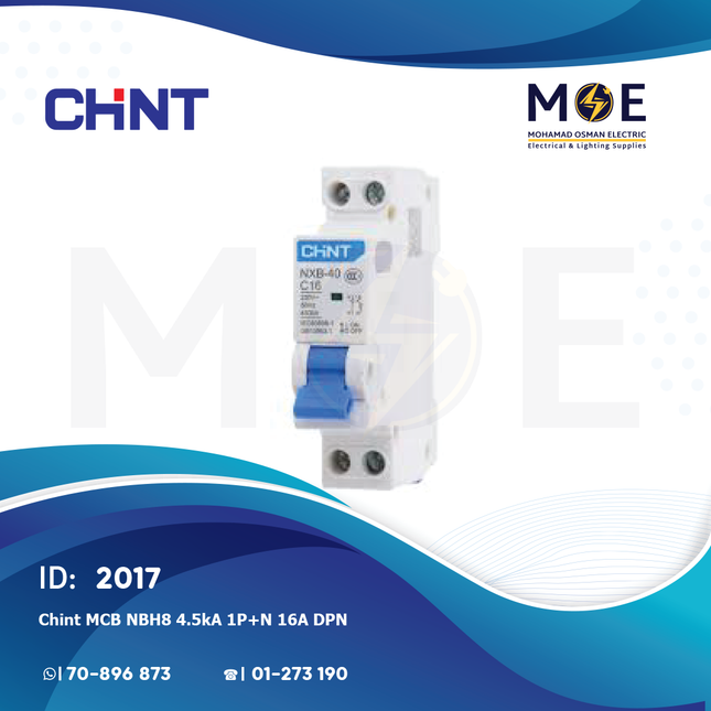 Chint MCB NBH8 4.5kA 1P+N 16A DPN | 132117-190236 | دجنتور مجوز بقطبين وحيادي - قاطع كهربائي ثنائي القطب مع حيادي