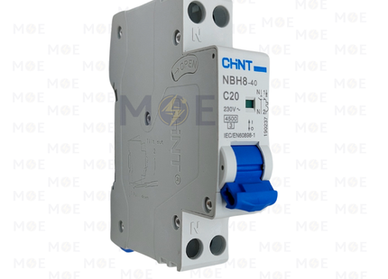Chint MCB NBH8 4.5kA 1P+N 20A DPN | 132118-190237 | دجنتور مجوز بقطبين وحيادي - قاطع كهربائي ثنائي القطب مع حيادي