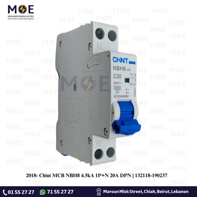 Chint MCB NBH8 4.5kA 1P+N 20A DPN | 132118-190237 | دجنتور مجوز بقطبين وحيادي - قاطع كهربائي ثنائي القطب مع حيادي