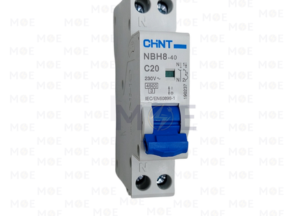 Chint MCB NBH8 4.5kA 1P+N 20A DPN | 132118-190237 | دجنتور مجوز بقطبين وحيادي - قاطع كهربائي ثنائي القطب مع حيادي