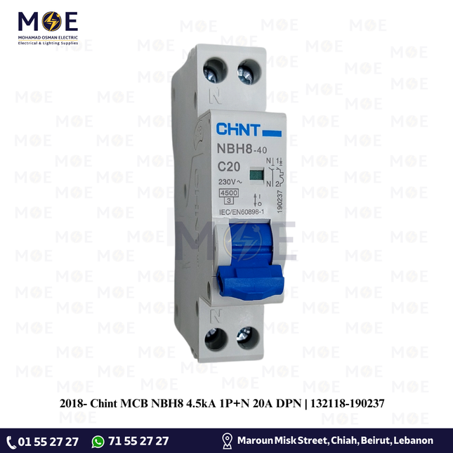 Chint MCB NBH8 4.5kA 1P+N 20A DPN | 132118-190237 | دجنتور مجوز بقطبين وحيادي - قاطع كهربائي ثنائي القطب مع حيادي