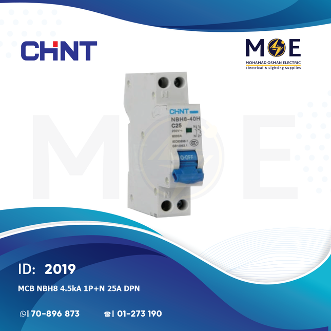 Chint MCB NBH8 4.5kA 1P+N 25A DPN | 132119-190238 | دجنتور مجوز بقطبين وحيادي - قاطع كهربائي ثنائي القطب مع حيادي