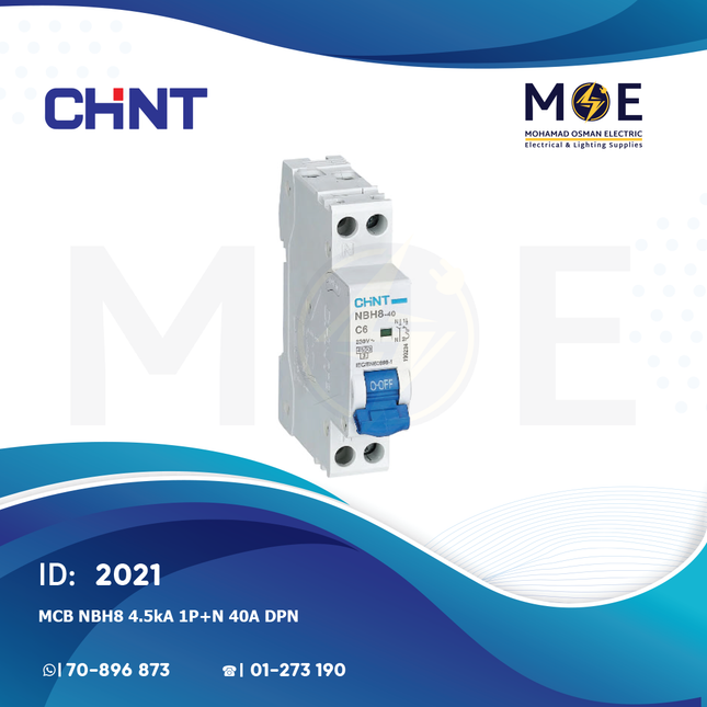 Chint MCB NBH8 4.5kA 1P+N 40A DPN | 132121 | دجنتور مجوز بقطبين وحيادي - قاطع كهربائي ثنائي القطب مع حيادي