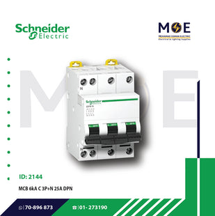 Schneider MCB 6kA C 3P+N 25A DPN | A9N21599 | دجنتور مجوز بقطبين وحيادي - قاطع كهربائي ثنائي القطب مع حيادي