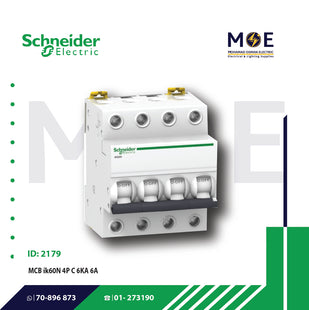 Schneider MCB ik60N 4P C 6KA 6A | A9K24406 | دجنتور كهرباء ثلاثة فاز مع نتر - قاطع كهربائي رباعي