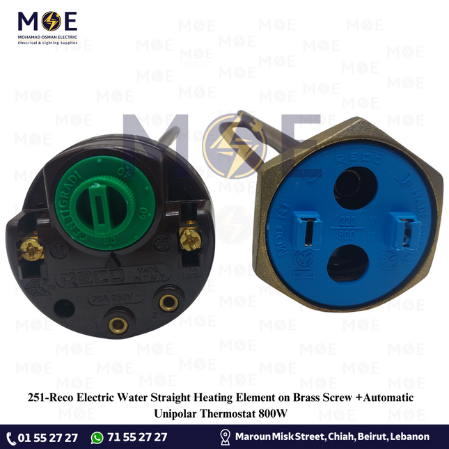 Reco Electric Water Straight Heating Element on Brass Screw +Automatic Unipolar Thermostat 800W | رزستانس قازان مع اوتوماتيك