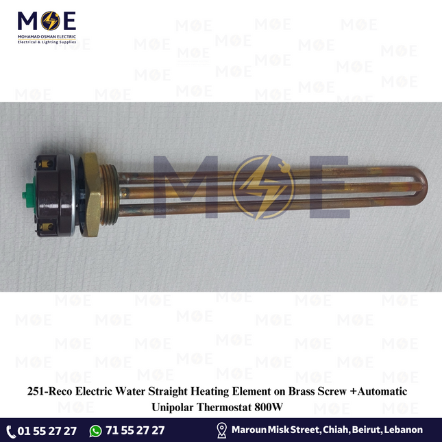 Reco Electric Water Straight Heating Element on Brass Screw +Automatic Unipolar Thermostat 800W | رزستانس قازان مع اوتوماتيك