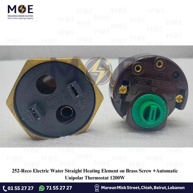 Reco Electric Water Straight Heating Element on Brass Screw +Automatic Unipolar Thermostat 1200W | 016506 | رزستانس قازان مع اوتوماتيك