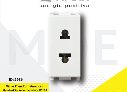 Vimar Plana Euro American Standard Socket outlet White 2P 16A 4.8mm | 14233 | بريز امريكي اوروبي ابیض