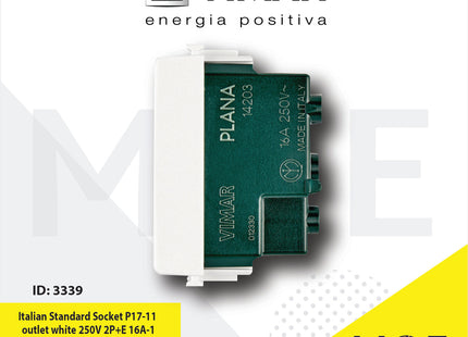 Vimar Plana Italian Standard Socket P17/ 11 outlet white 250V 2P+E 16A | 14203 | بريز امان ابيض