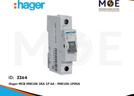 Hager MCB MW106 3kA 1P 6A | MW106 | دجنتور كهرباء مفرد - قاطع كهربائي
