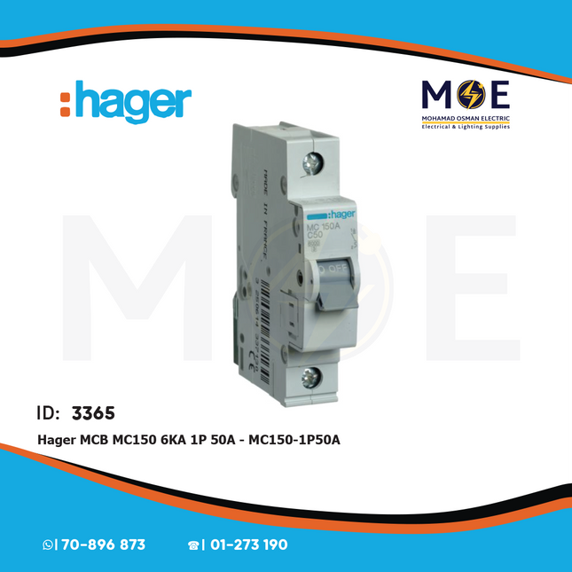 Hager MCB MC150 6kA 1P 50A | MC150 | دجنتور كهرباء مفرد - قاطع كهربائي