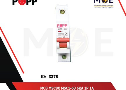 POPP MCB MSC8X MSC1-63 6kA 1P 1A | MSC1-63-MSC8X | دجنتور كهرباء مفرد - قاطع كهربائي