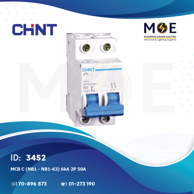 Chint MCB C (NB1 / NB1-63) 6kA 2P 50A | 131077 | دجنتور كهرباء مجوز - قاطع كهربائي