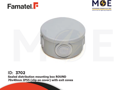 Famatel Sealed distribution mounting box ROUND 70x40mm IP55 (clip on cover) with exit cones | 3001 FM | علبة مدورة ظاهرة مطرية مع فتحات