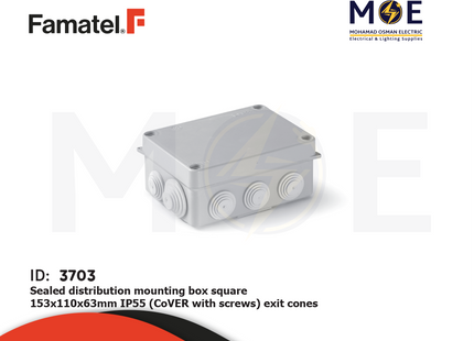 Famatel Sealed distribution mounting box Rectangle 153x110x63mm IP55 (Cover with screws) exit cones | 3012 FM | علبة مربعة ظاهرة مطرية مع فتحات